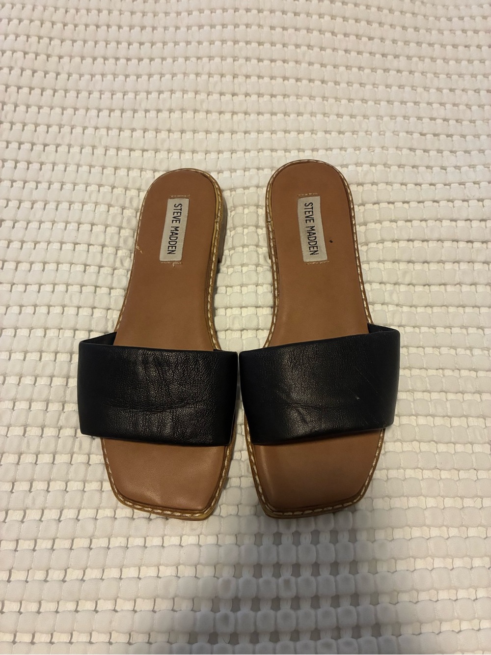 Steve Madden Black Leather Slide Sandals with Tan Footbed